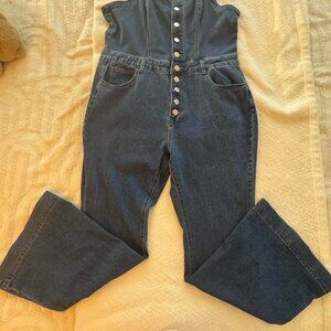 Button Down Denim Overall Jumpsuit